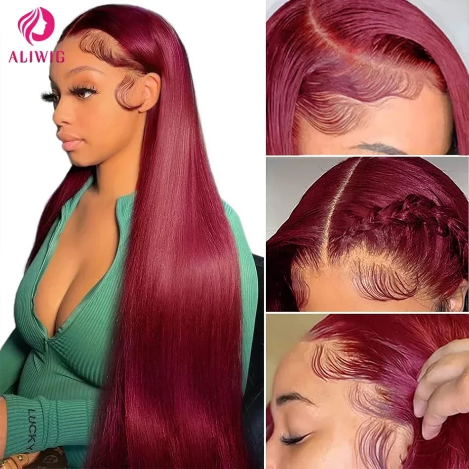 99J Burgundy Lace Front Wig 13x6 Brazilian Human Hair 13x4 Straight Red Colored Lace Frontal Human Hair Wigs Woman Pre Plucked