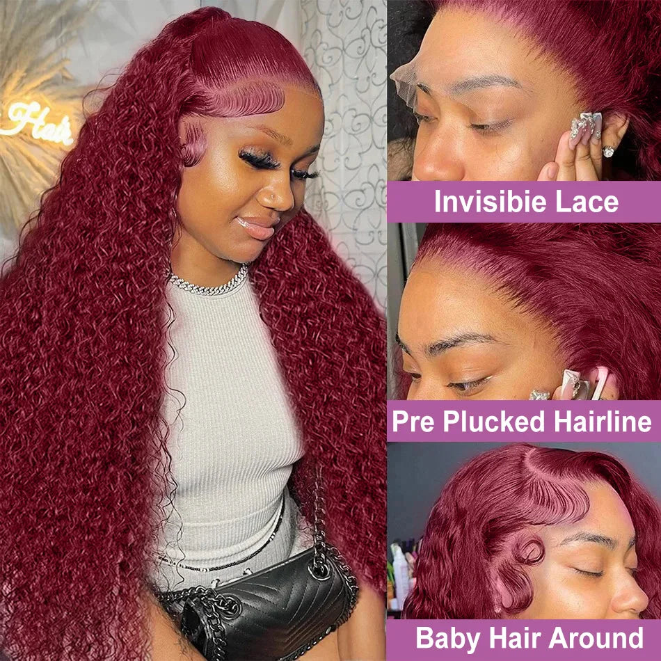 Links 40 Inch 99J Burgundy Deep Wave 13x6 HD Lace Front Wig 250% Red Colored Curly 13x4 Lace Frontal Human Hair Wigs For Women