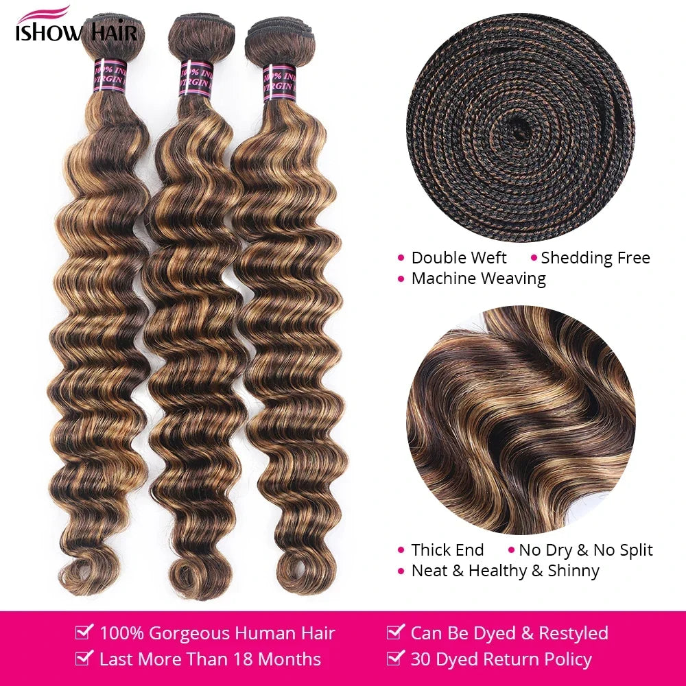 Ishow Brazilian Highlight Loose Deep Wave Bundles 4/27 Honey Blonde Human Remy Hair Extensions 1 3 4 PCS Ombre Hair For Women