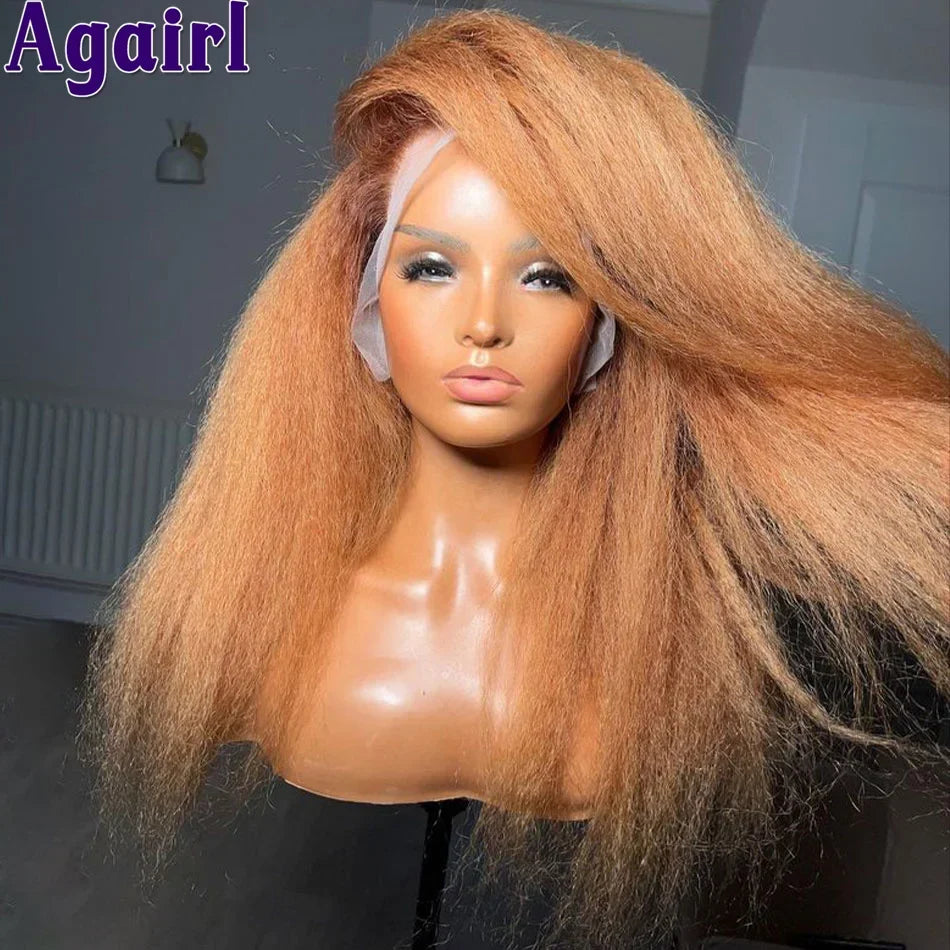 200% Orange Brown Yaki Kinky Straight Human Hair Wigs 13x4 13x6 Lace Frontal Wig Pre Plucked Ready To Go 6x4 Lace Wigs for Women