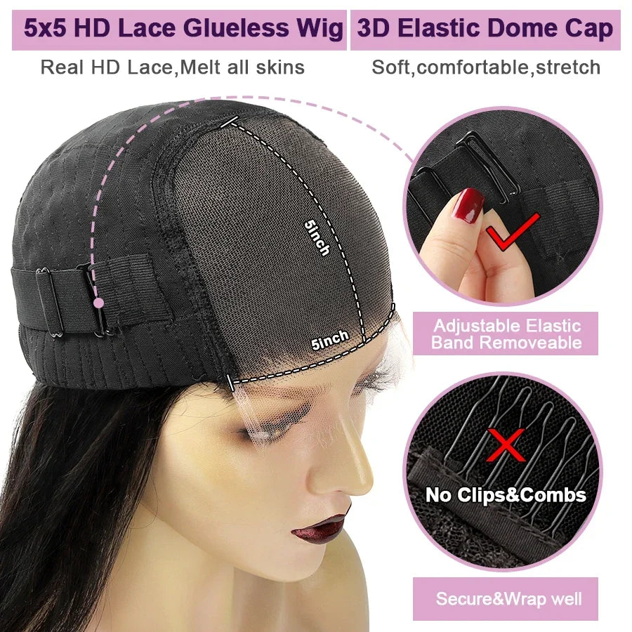 Wow Angel Glueless Wigs 5x5 HD Lace Closure Wigs Silk Straight Melt Skins Deep Part Ready to Go Human Hair Wig Remy For Woman