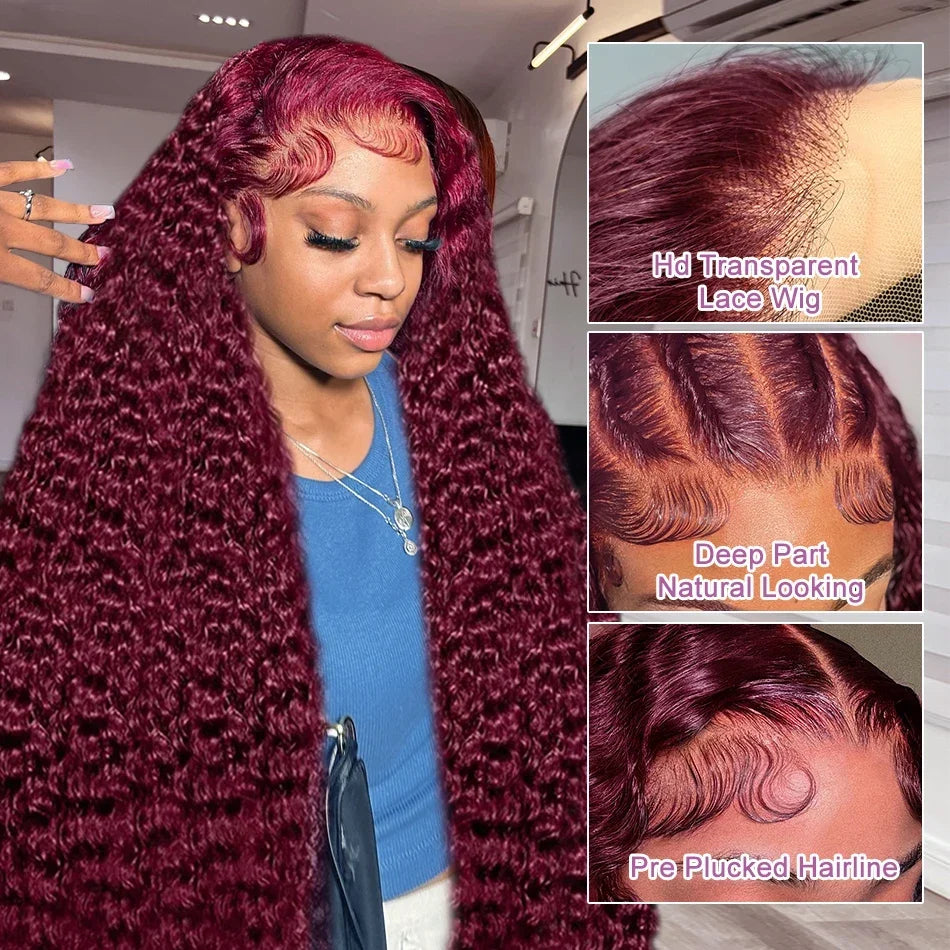Links 40 Inch 99J Burgundy Deep Wave 13x6 HD Lace Front Wig 250% Red Colored Curly 13x4 Lace Frontal Human Hair Wigs For Women