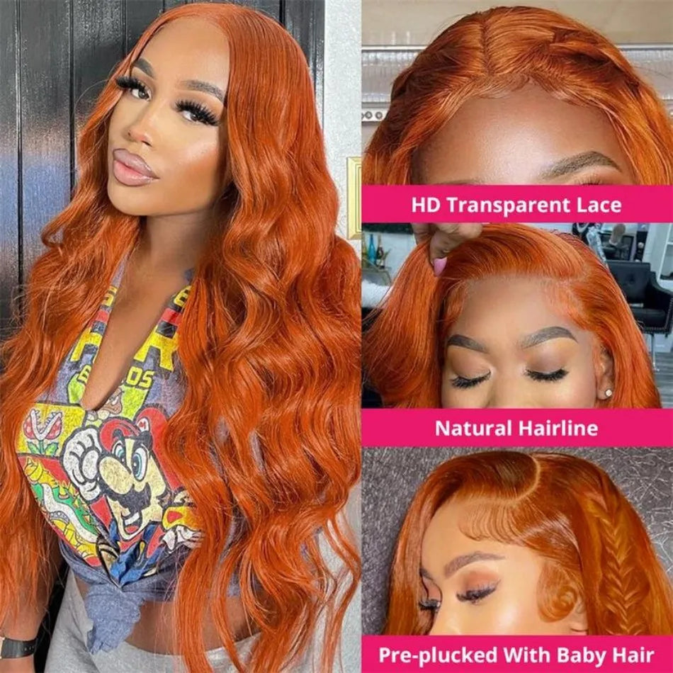 Ginger Human Hair Wigs Body Wave Frontal Wig 13X6 Human Hair 30 Inch Colored Lace Front Wig Brazilian Hair 250 Density For Women