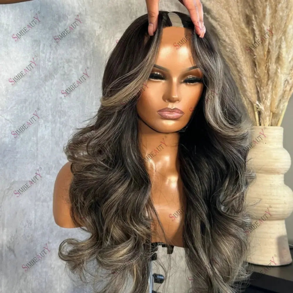 180Density Long Wavy U Part Wig Human Hair Glueless Brown Highlight Ash Blonde 2x4 Size V Part WIg 100%Remy Human Hair for Women