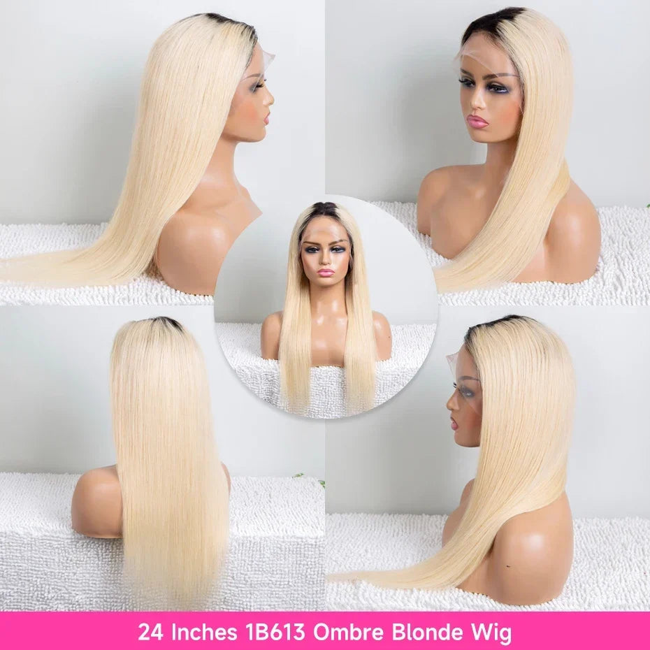 13x6 Lace Frontal Wig 1B 613 Ombre Blonde Full Lace Human Hair Wig Dark Roots Pre Plucked  Lace Front Human Hair Wigs for Women