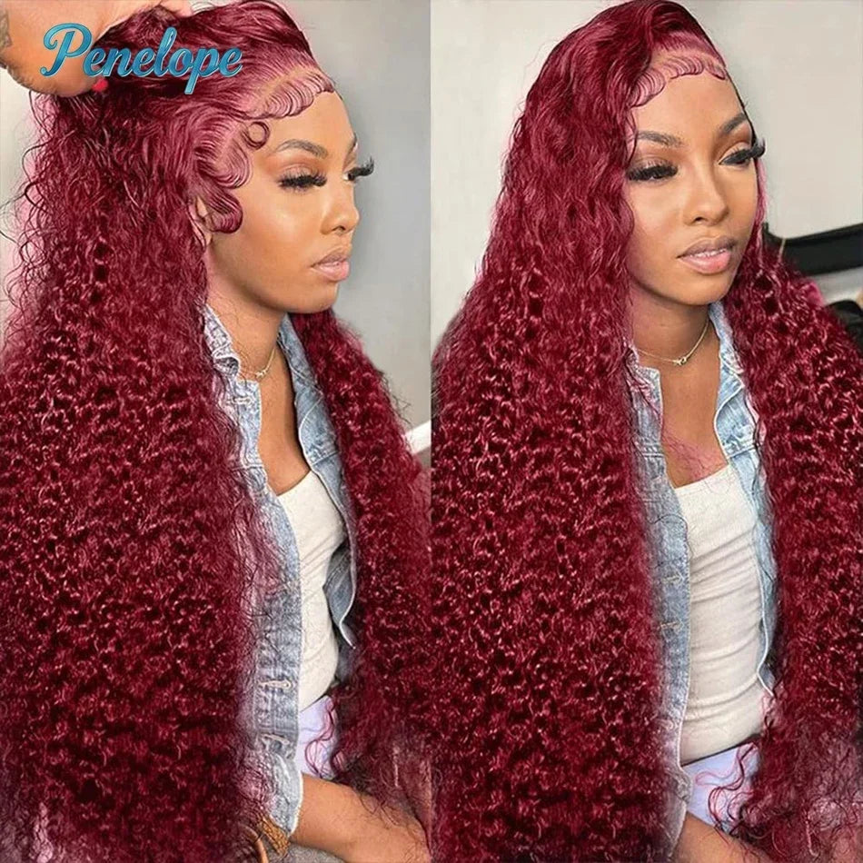 99J Burgundy 200% 13x4 HD Lace Front Wigs Human Hair Wine 30 36 Inch Deep Wave Brazilian Colored Curly 13x6 Lace Frontal Wig