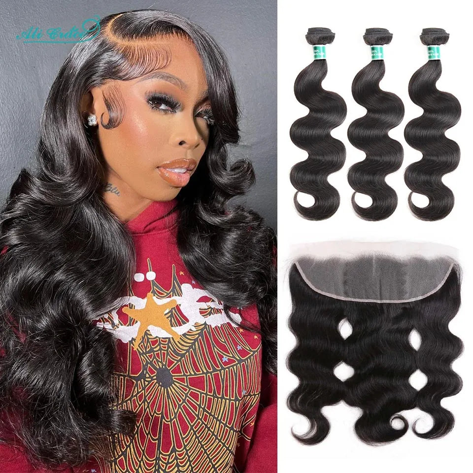 Ali Grace Hair Brazilian Body Wave Bundles With Frontal 13x4 Body Wave Human Hair 3 Bundles With 13x4 Frontal Transparent Lace