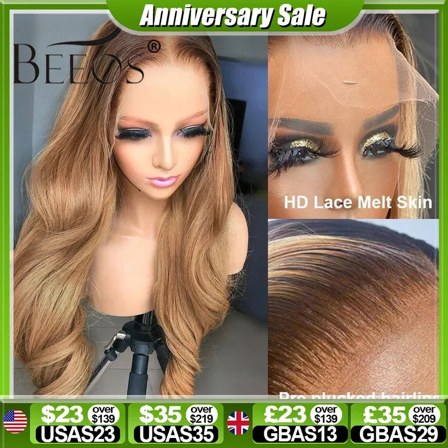 Ombre Honey Blonde 13x6 HD Lace Frontal Wig Body Wave HD Transparent Lace Front Human Hair Wigs For Women Pre Plucked Brazilian