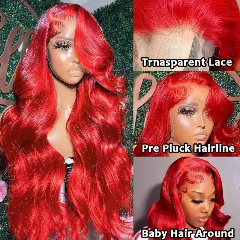 13x6 Lace Frontal Wig Hot Red Body Wave 30 40 Inch 13x6 Lace Front Human Hair Wigs Preplucked Red Colored 4x4 5x5 HD Transparent