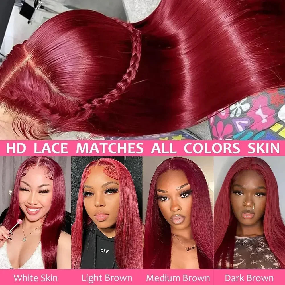 99J Burgundy Lace Front Wig 13x6 Brazilian Human Hair 13x4 Straight Red Colored Lace Frontal Human Hair Wigs Woman Pre Plucked