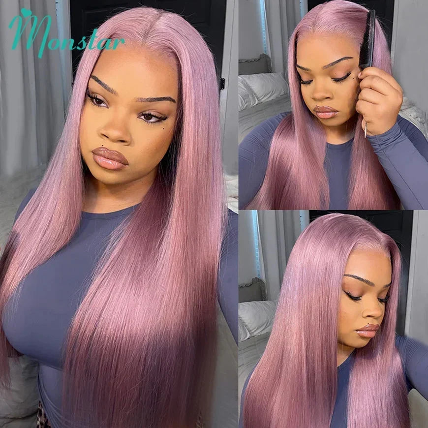 Monstar 13x6 Ash Purple HD Lace Frontal Wig Human Hair Pre Plucked Vietnamese Raw Straight Rose Gold Hair Colored Wigs For Women