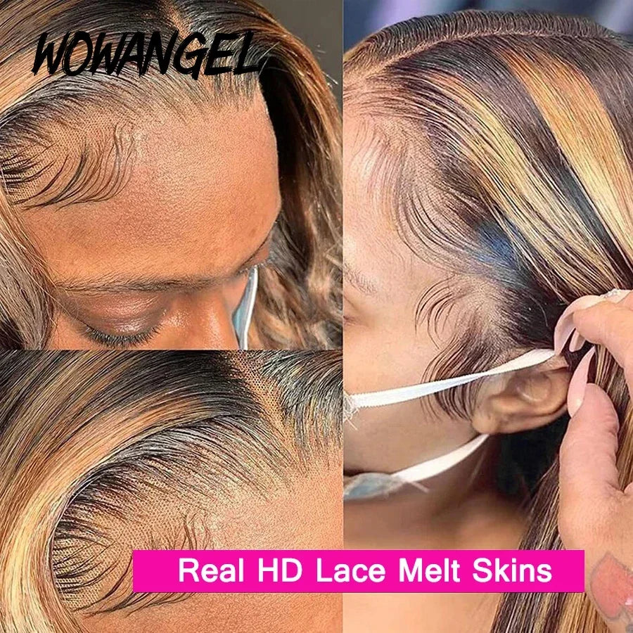 Wow Angel 13X6 HD Lace Frontal Human Hair Wigs 250% Highlight Body Wave Wigs Full Lace Wigs Melt Skins Ombre Colored Wigs