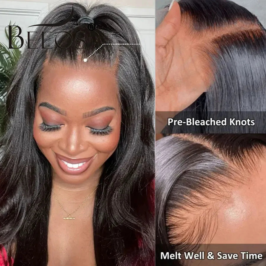 Yaki Straight Invisi-Drawstring 360 HD Lace Frontal Human Hair Wigs Glueless Lace Front Wig 250% Density Natural Color 32 Inches